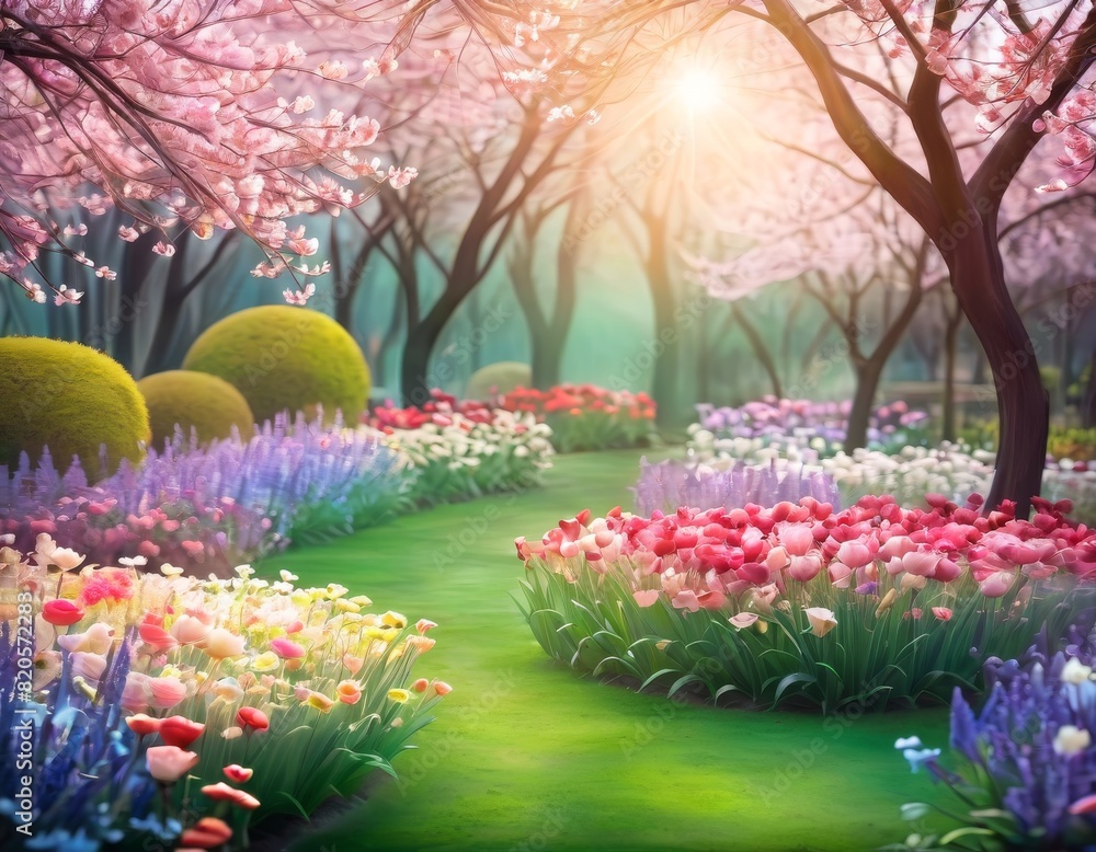 Poster an inviting pathway meanders through a vibrant spring garden, with flowering trees and colorful tuli