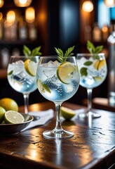 A close-up view of gin and tonic cocktails and highlighting the details and freshness of the drinks.