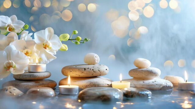 luxurious spa video background with candles, rolled towels, and flowers, serene atmosphere for relaxation and wellness, concept for spa retreats, beauty salons, wellness centers.