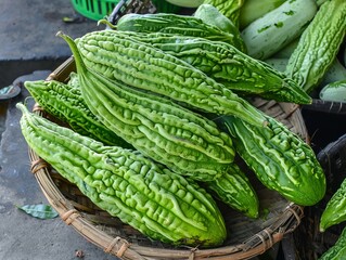 Sourcing Fresh Bitter Melon Gourd for Cooking at the Market - AR 4:3