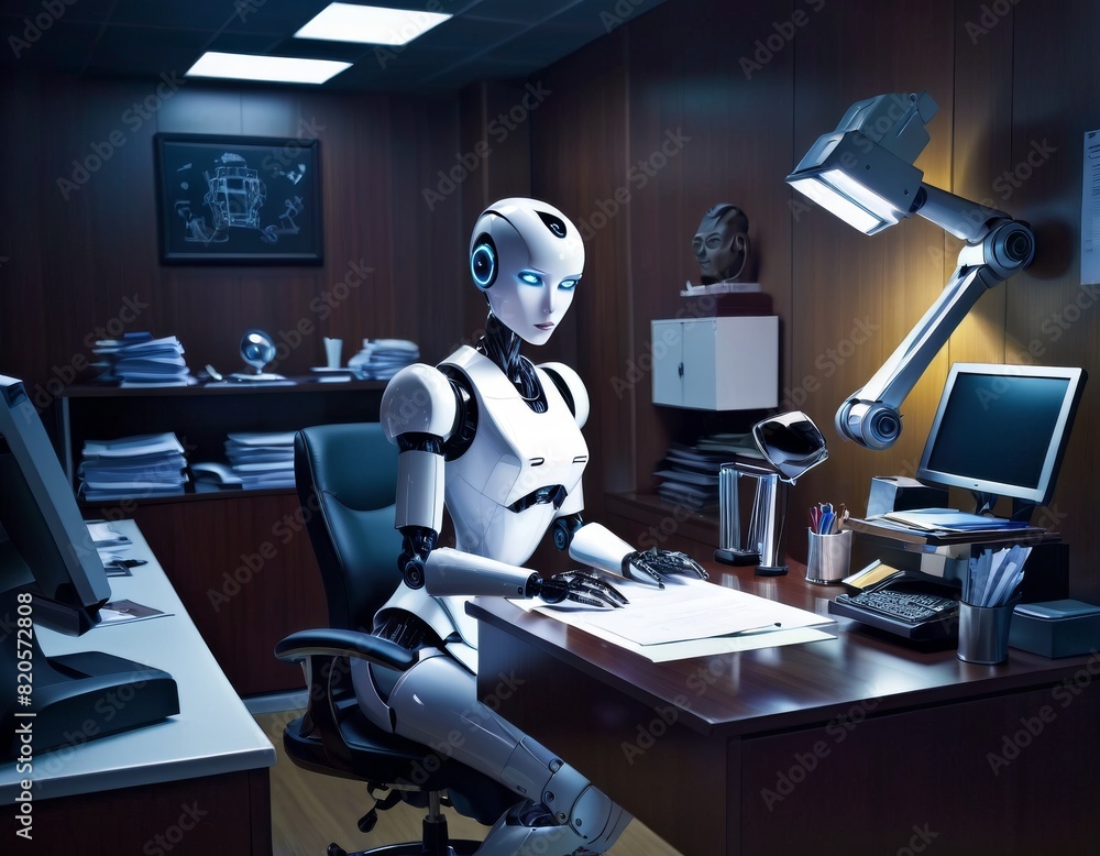 Poster a humanoid robot sits at an office desk surrounded by technology, portraying a modern workplace auto