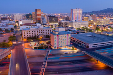 View of downtown El Paso and traffic on the Interstate 10 Freeway at sunset, Texas, United States of America.