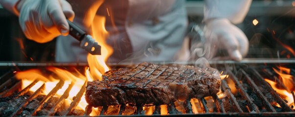 Professional chef s hands placing a steak on a barbecue grill, with flames and smoke rising, capturing the delicious and savory aroma, perfect for promoting a business BBQ event