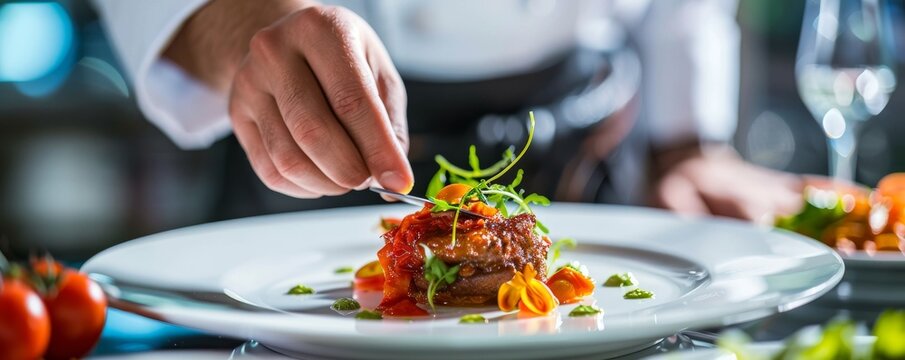 Closeup of hands presenting a beautifully plated dish with a perfect balance of spices, vibrant and aromatic, ideal for a sophisticated business lunch
