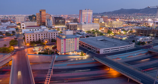 View of downtown El Paso and traffic on the Interstate 10 Freeway at sunset, Texas, United States of America.
