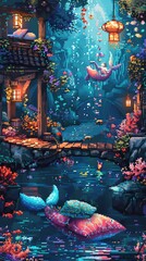 Fototapeta premium A whimsical interpretation of a mermaids dream, with pillows floating in a surreal underwater world