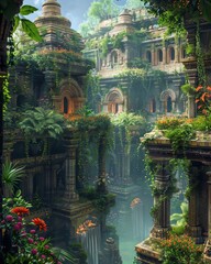 An intricate illustration of a lush ecology system within a mystical temple