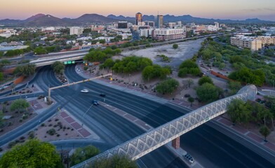 Rattlesnake bridge, freeway and downtown Tucson at sunrise, Arizona, United States of America.