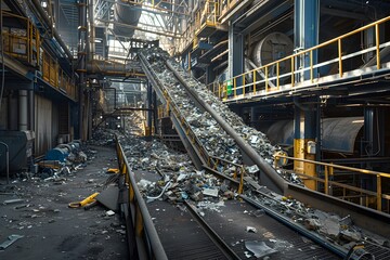 Fototapeta premium Advanced recycling plant with Industry 4.0 automation, emphasizing sustainability and worker safety. 3D, Printing, Illustrat, AI.