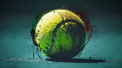 halftone tennis ball with splatter, motifs and drips.