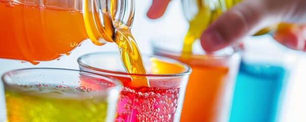 Closeup of hands pouring fruit juice from a colorful bottle into a glass, capturing the essence of...
