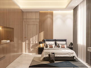 Modern and contemporary style bedroom features bed, wooden cabinet and tiles flooring