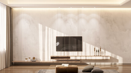 Spacious living room interior with cement wall effect, and TV hanging on the wall