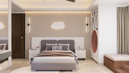 Vibrant accents highlight the white child room's design.
