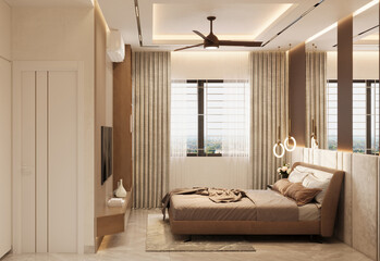 Wide view of a minimal modern bedroom with simple earthy colors, and chic decoration