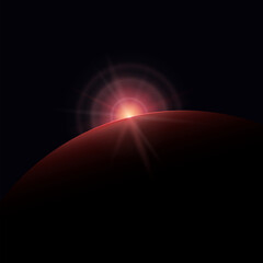 Obraz premium View from space, red star rises above the planet, the sun rising over the earth, rays and glare over the earth , space background, vector illustration
