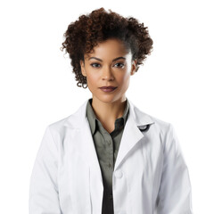 Smiling confident African American woman scientist wearing uniform at laboratory, isolated on transparent background