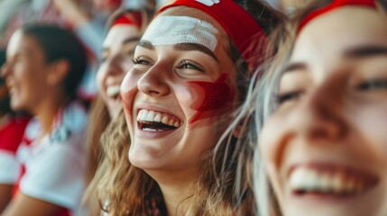 Close-up of Young English Polish Women Soccer Supporters Cheering in Stadium with Red and White Face Paint During European Football Tournament