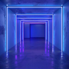 A blue neon tunnel with symmetrical glowing lines leads forward, creating an atmosphere of mystery and futuristic technology. The tunnel walls have smooth curves, futuristic digital art style.