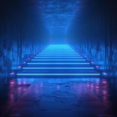 A blue neon tunnel with symmetrical glowing lines leads forward, creating an atmosphere of mystery and futuristic technology. The tunnel walls have smooth curves, futuristic digital art style.