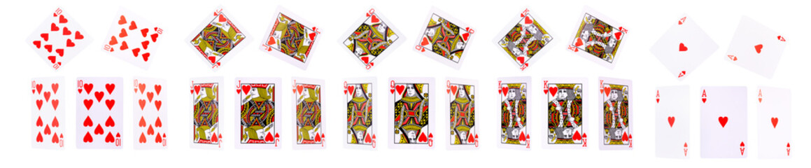 Playing cards for poker game on white background with clipping path.