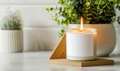 A white blank candle label on the surface of an elegant modern wooden triangle, with a lit scented candle beside it