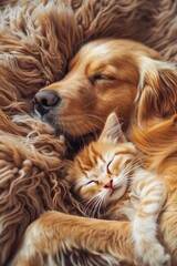 Golden Retriever and kitten sleeping together