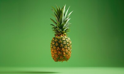 One pineapple floating in the air against a green background,