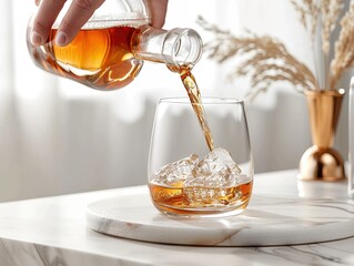 pouring whiskey into glass with ice
