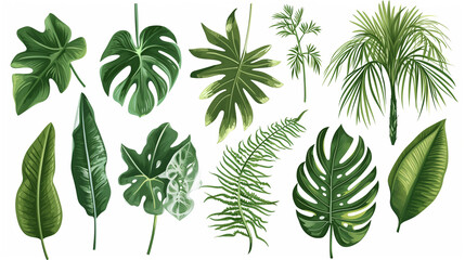 A set of tropical leaves isolated on a white background. Beautiful tropical exotic foliage
