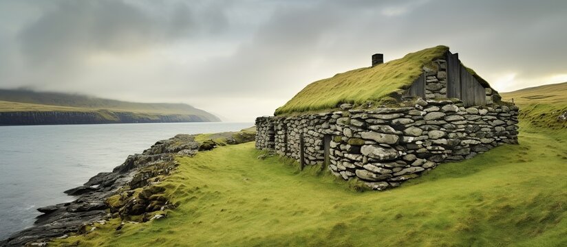 shabby stone walls and straw roof located on green grassy hill under blue cloudy sky