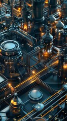 Advanced manufacturing facility using AI and renewable energy, with a focus on environmental health and safety measures. 3D, Printing, Illustrat, AI.