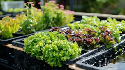 Lettuce leafy greens growing in aquaponics system
