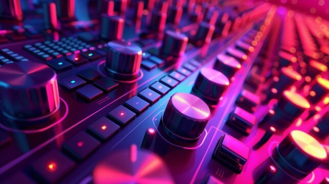 Sound mixer with lot buttons knobs with purple blue glow