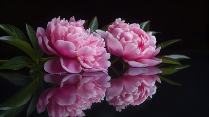 Obraz premium Pink Peony Blossom Reflected on a Sleek Black Mirror