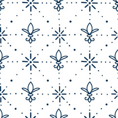  Fleur De Lis dotted pattern. Hand drawn Navy blue on white background. Decoration for kids, background,  fabric, textile