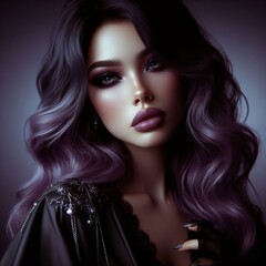 Portrait of a beautiful woman with long brunette hair, makeup, and glamorous style