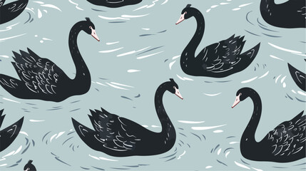 Seamless pattern with flock of black swans and cygnet