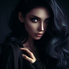 Fototapeta premium Portrait of a beautiful woman with long brunette hair, makeup, and glamorous style