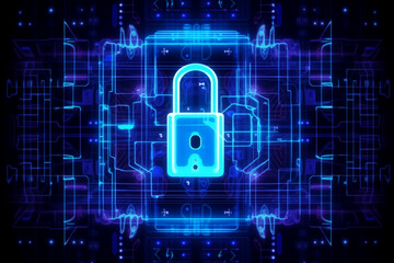 Background image of a technology information security concept with a padlock symbol for security and encrypted data protection.