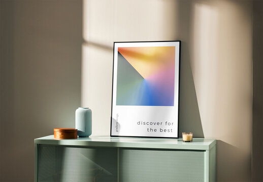 Mockup of customizable vertical picture frame on shelf