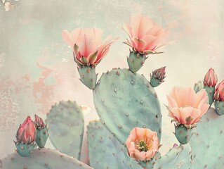 Pastel Prickly Pear: Retro Vintage Cactus Flower Background with Copy Space