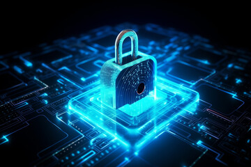 Background image of a technology information security concept with a padlock symbol for security and encrypted data protection.