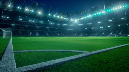Nighttime soccer match in a brightly lit, vibrant stadium with a pristine green field