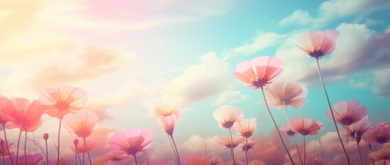 pink flowers and sun in the sky hd wallpaper, pastel toned, rainbowcore, motion blur panorama, light turquoise and light amber.