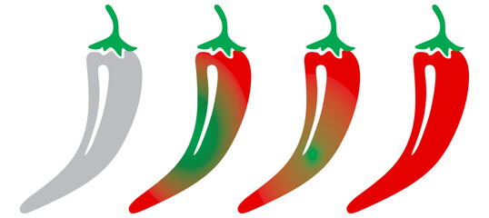 Chili spicy meter - product spicy degree symbols. Paprika hot meter sign for label of product. Vector spicy food mild and extra hot sauce, chili pepper red icons