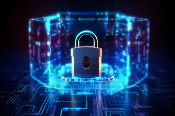 Background image of a technology information security concept with a padlock symbol for security and encrypted data protection.