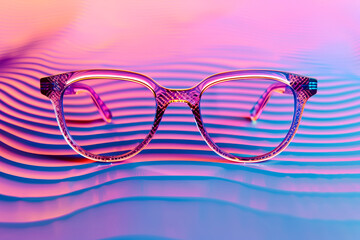 Prescription dioptric glasses against a bright summer tropical background, giving off vacation vibes