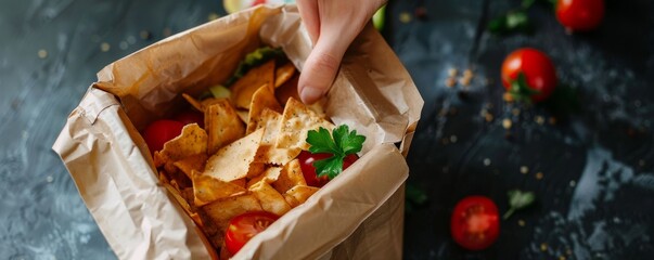 Hand reaching into a package of healthy snacks, capturing the ease of access and enjoyment, perfect for a quick business break