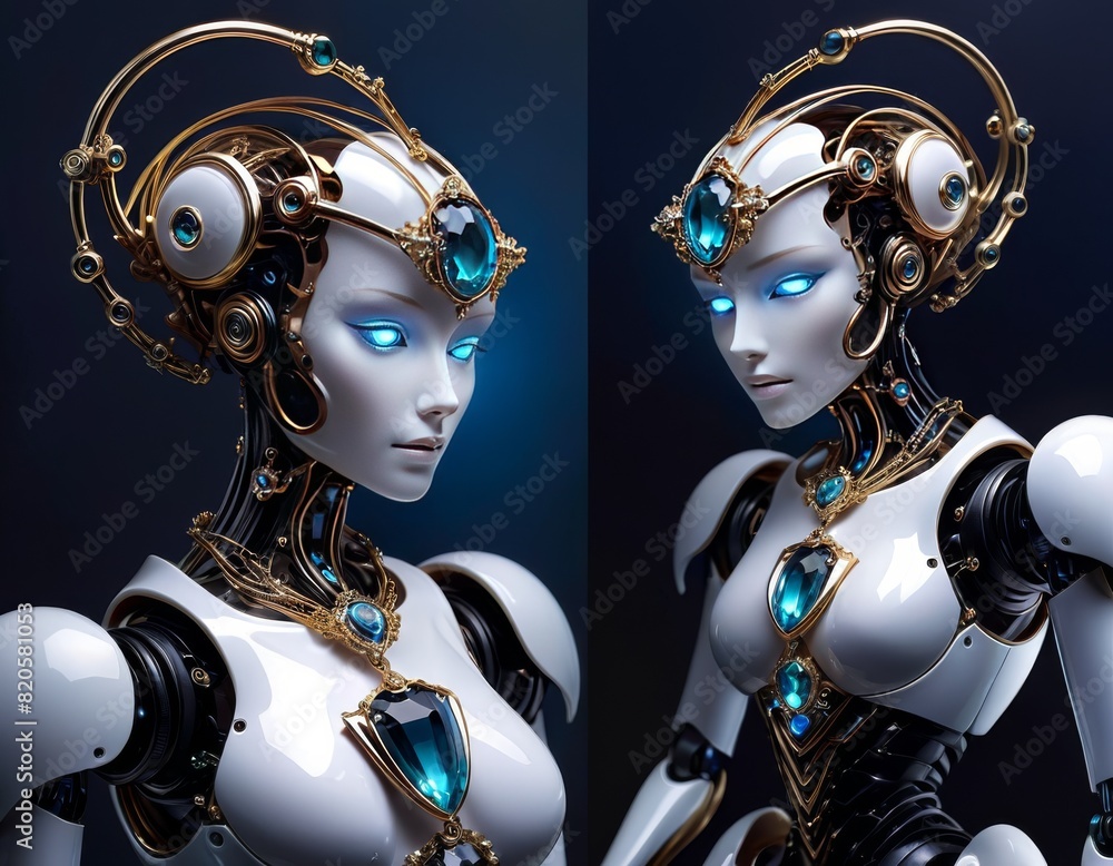 Poster an artistic representation of a humanoid robot adorned with steampunk-inspired embellishments and a 